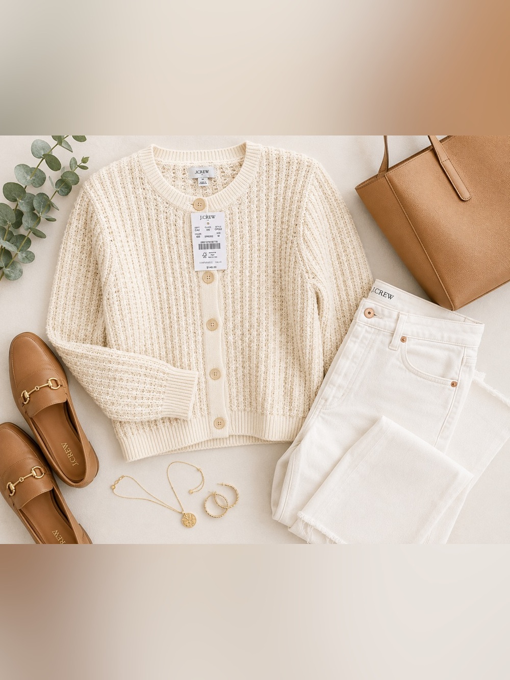 J.Crew NWT Metallic Gold Shimmer Waffle Knit Cardigan Sweater Ivory Size M - Picture 8 of 8